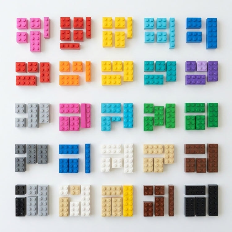 Colorful plastic building blocks are sorted into small groups by color and arranged in a grid on a white background.