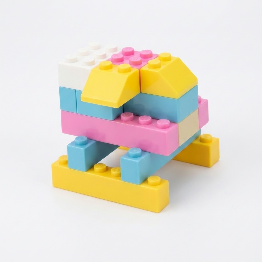 Pink, yellow, light blue, and white plastic building bricks form a small raised structure against a white background.