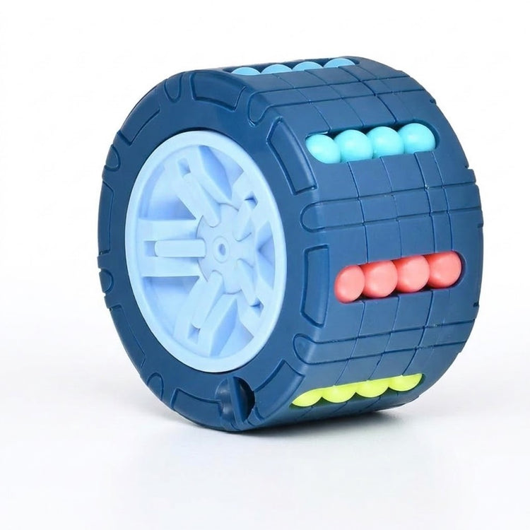 Blue cylinder fidget puzzle with a pale blue wheel end and rows of colorful beads against a white background.