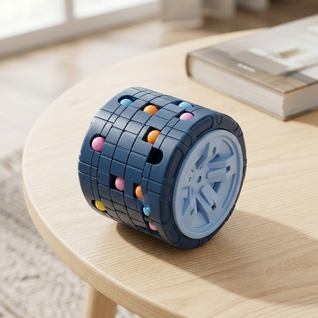 Blue cylinder fidget puzzle with scattered colorful beads on a round wooden table near a book and sunlit window.