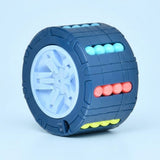 Blue cylindrical fidget puzzle with a pale blue center and turquoise, coral, and yellow beads on a light blue background.