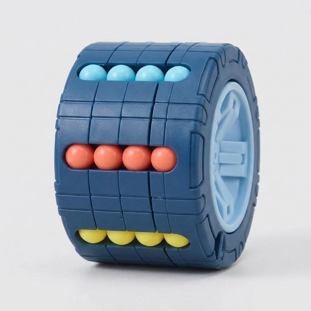 Blue cylinder fidget puzzle showing turquoise, coral and yellow bead rows and a pale blue wheel end against a light gray background.