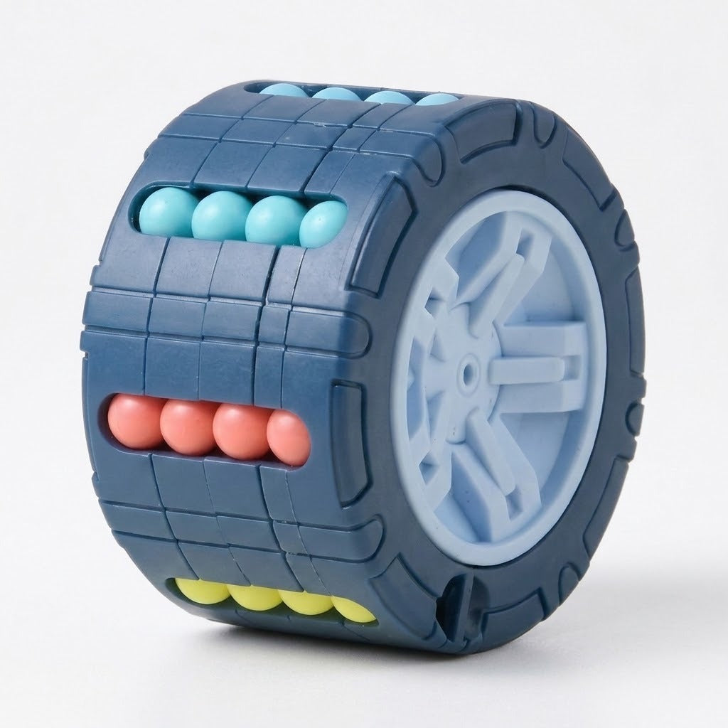 Blue cylindrical fidget puzzle with a pale blue center and turquoise, coral, and yellow beads on a white background.