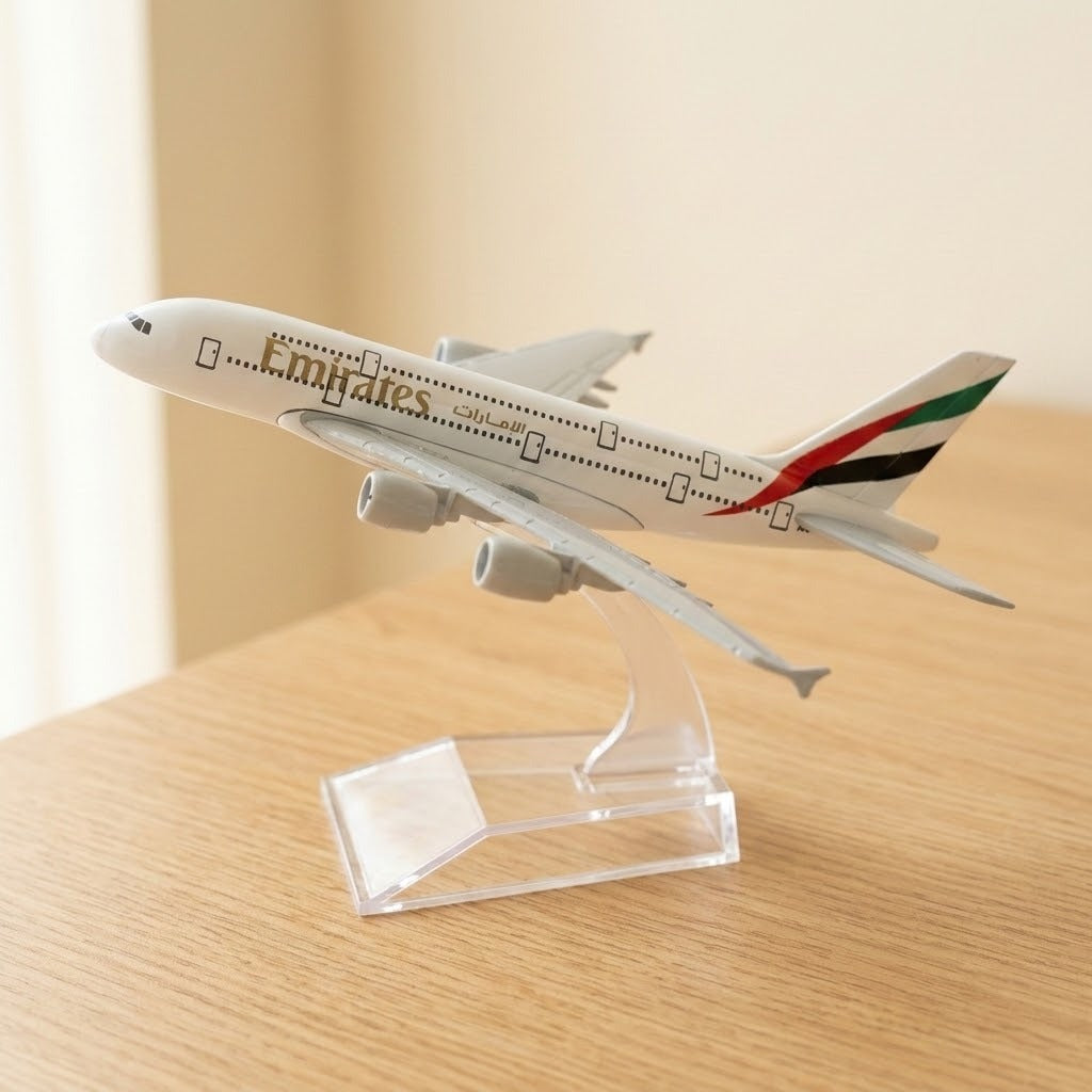 White model airplane with a multicoloured tail on a clear display stand atop a sunlit wooden table.