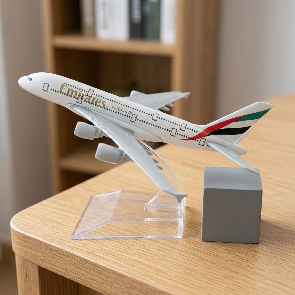 White model airplane on a clear display stand beside a grey cube on a wooden table with shelving behind.