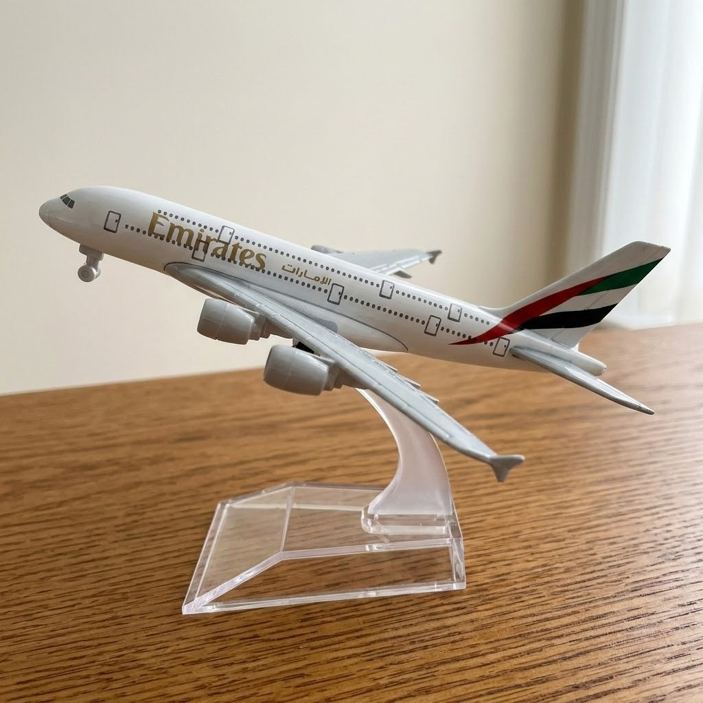 White model airplane with silver wings and a striped tail displayed on a clear stand on a wooden desk beside a window.