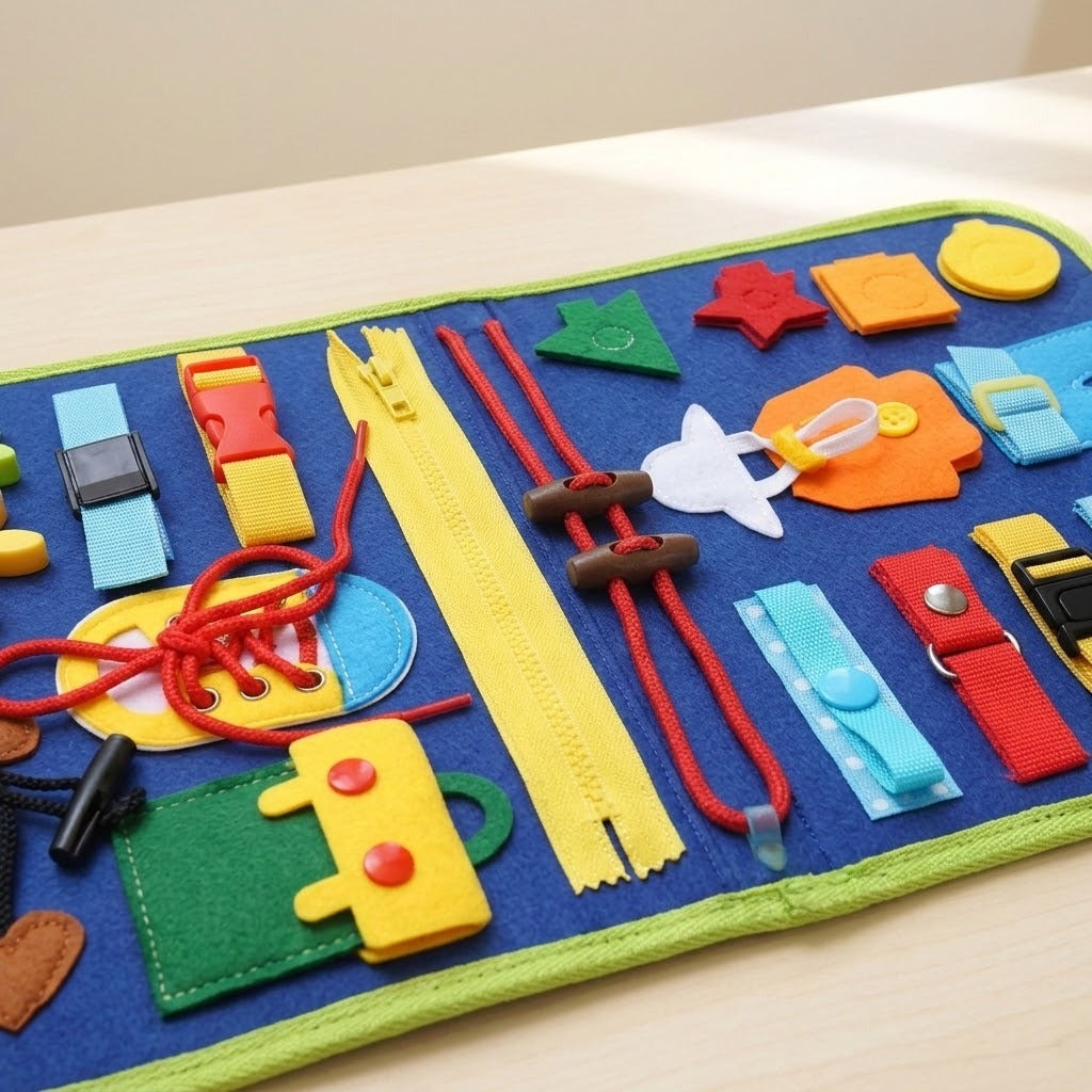 A close-up of a blue felt busy board shows a yellow zipper, red laces, colorful buckles and shapes on pale wood.