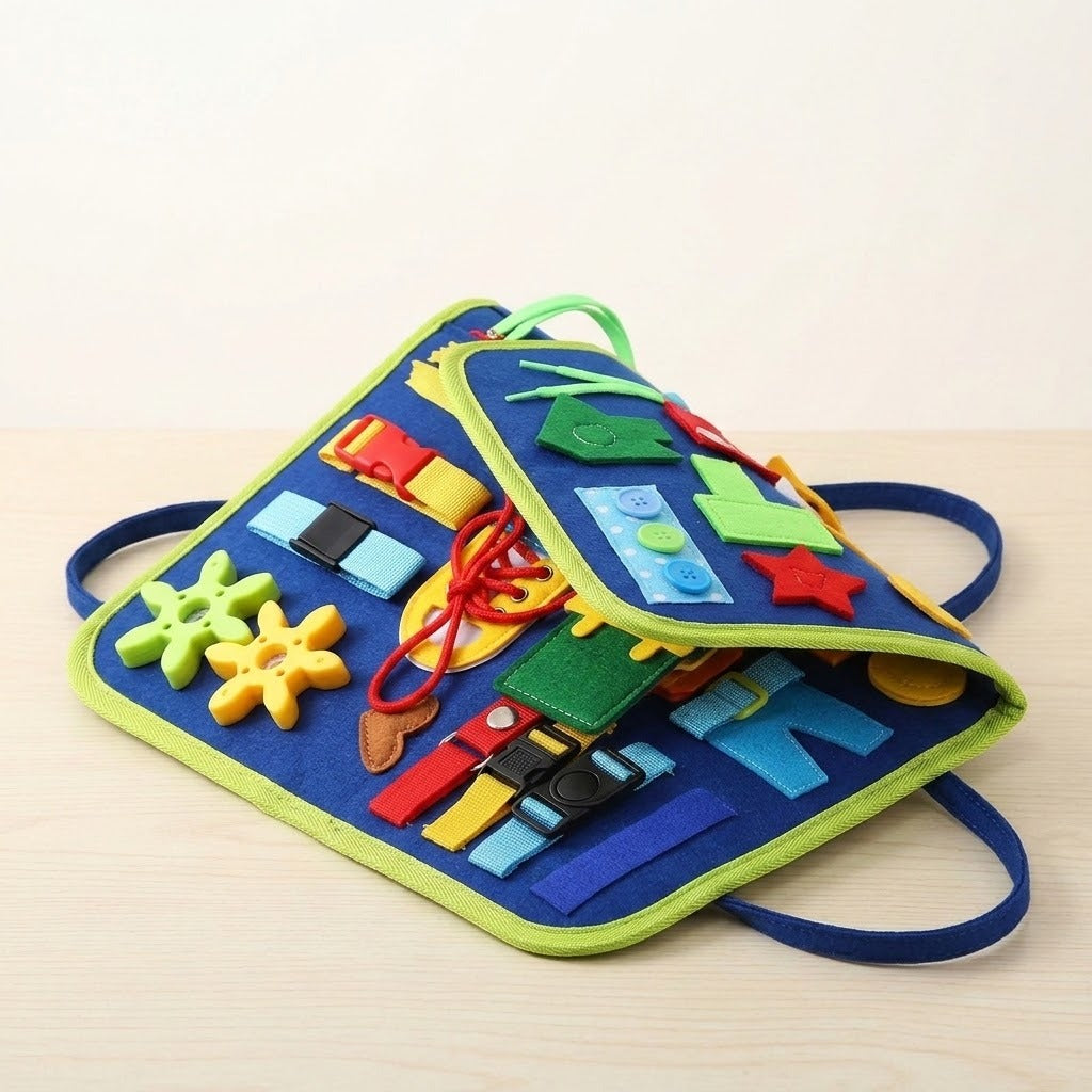A blue felt busy board with green edging rests partly folded on pale wood, revealing layered activities and blue carry loops.