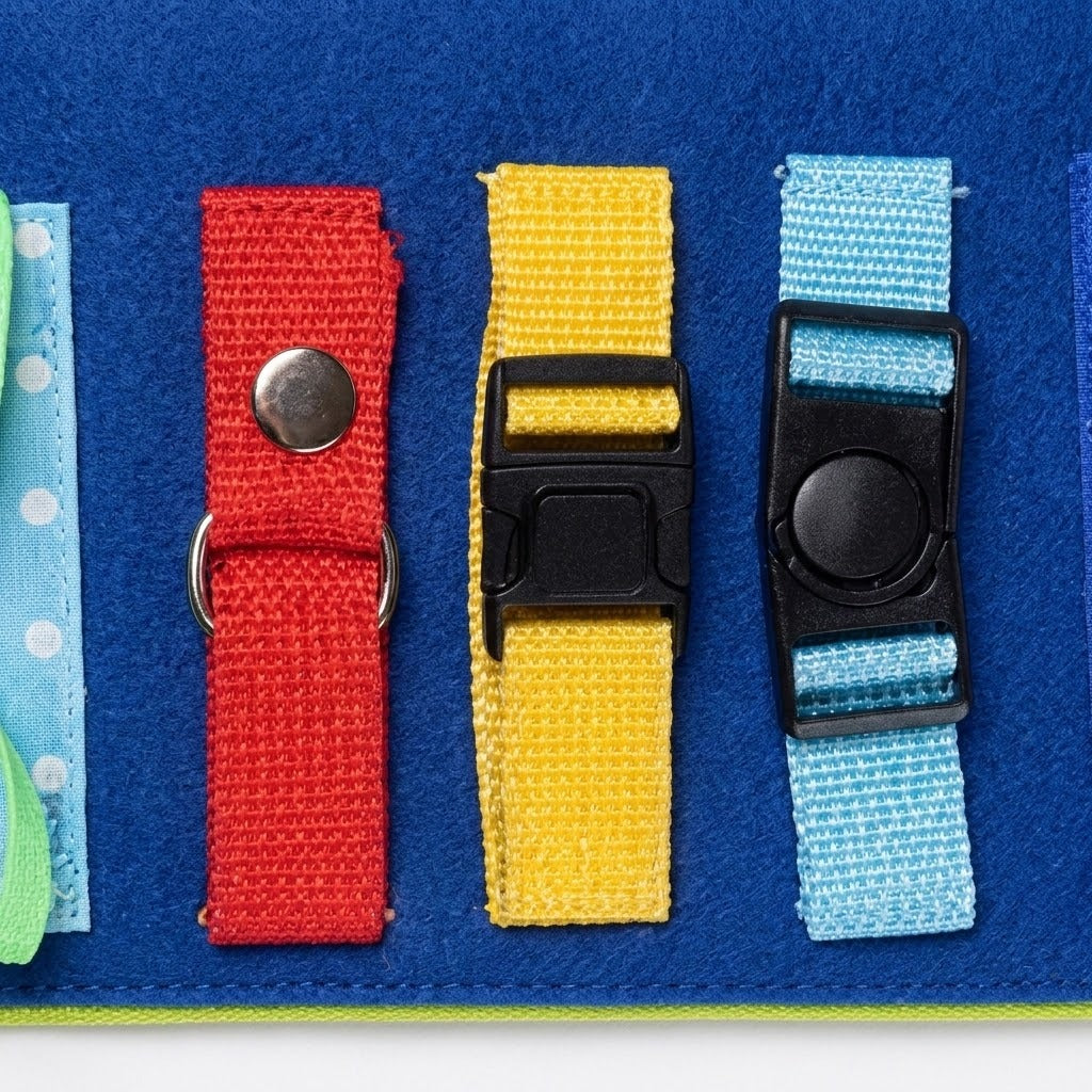 A close-up of the blue felt busy board shows red, yellow and light blue straps with a metal snap and black buckles.