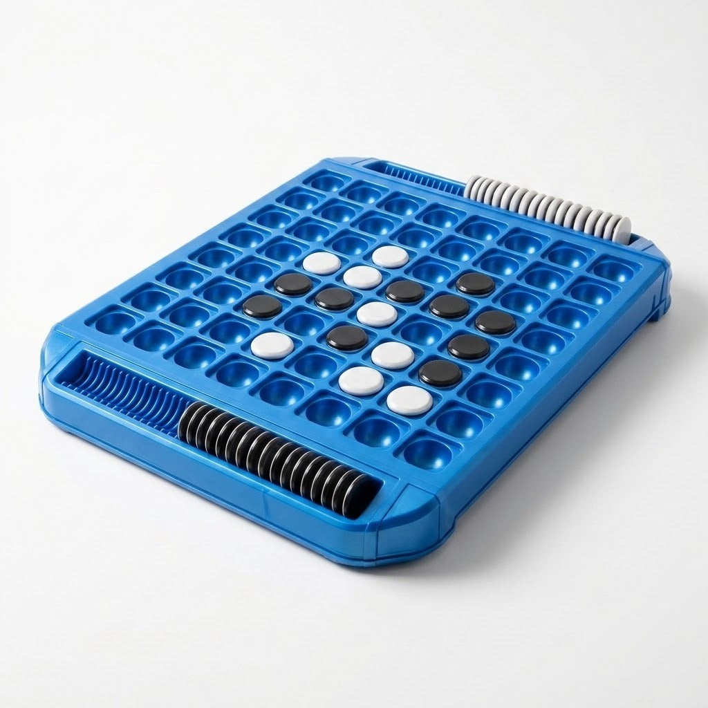 Blue plastic reversi game viewed diagonally against white, with black and white discs in recessed spaces and edge storage slots.