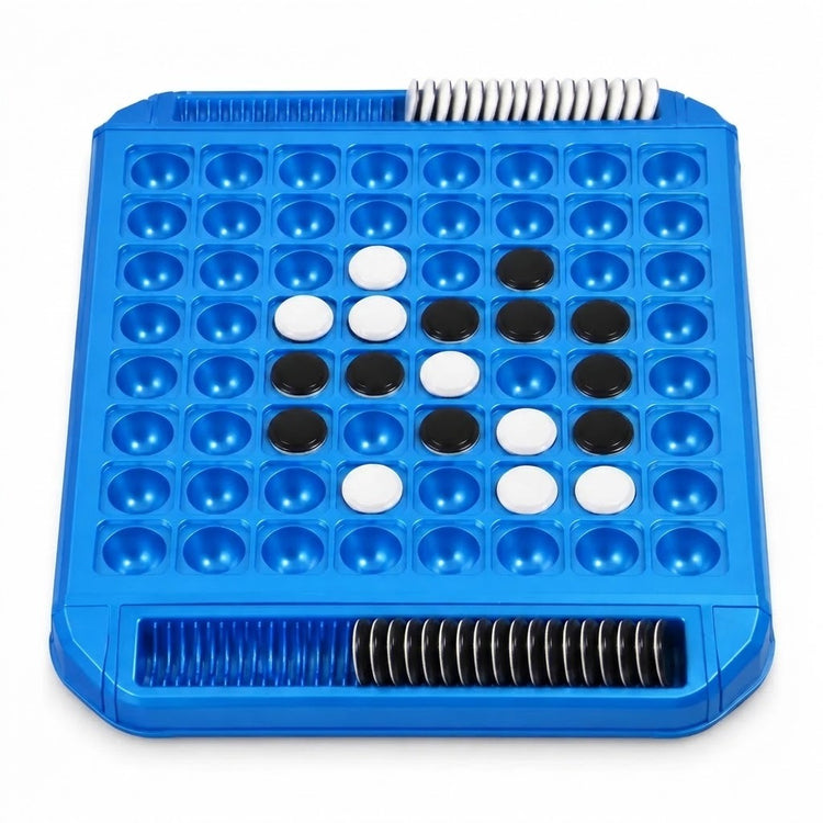 Blue plastic reversi game viewed from above against white, with black and white discs on the board and stored along opposite edges.