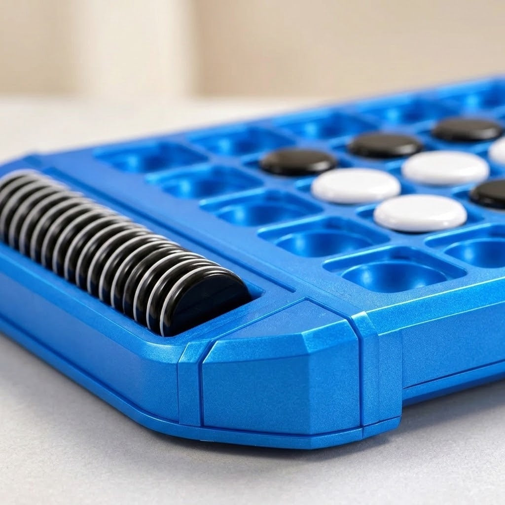 Close-up of a blue plastic reversi game corner, showing upright discs in an edge storage slot against a blurred beige background.