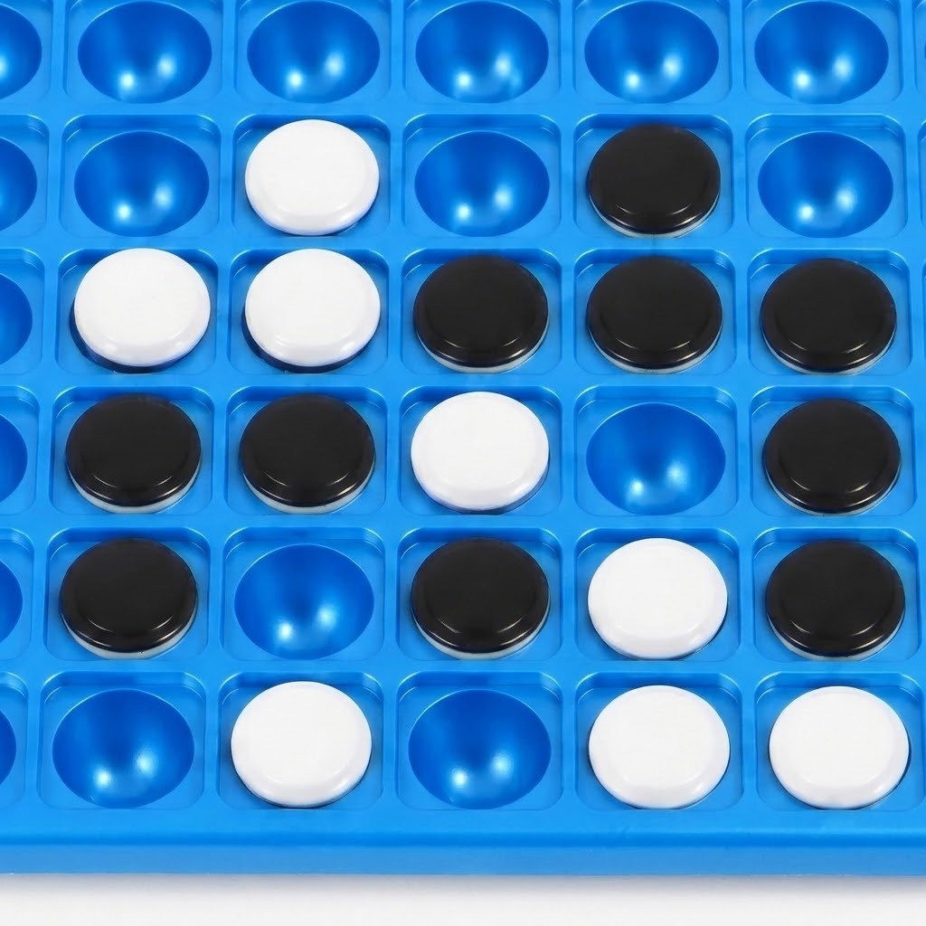 Close-up of a blue plastic reversi game showing black and white discs seated in recessed playing spaces.