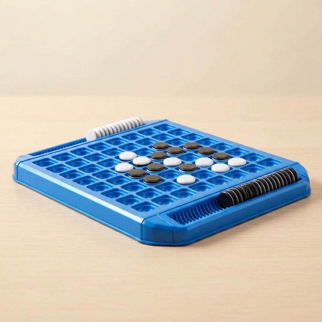 Blue plastic reversi game viewed from a low diagonal angle on pale wood, with black and white discs and edge storage slots.