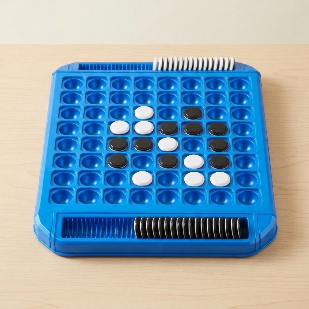 Blue plastic reversi game viewed from above on a light wooden table, with black and white discs and storage slots at opposite ends.