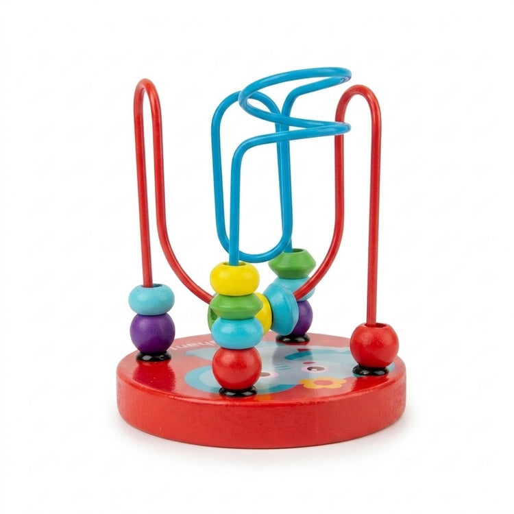 Wooden bead maze learning toy with multicolored beads and red and turquoise wires above an elephant-decorated red base against white.