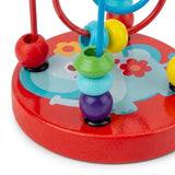 Close-up of the bead maze learning toy showing colorful wooden beads, turquoise and red wires, and an elephant illustration on the red base.