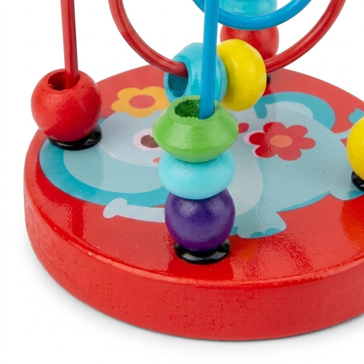 Close-up of the bead maze learning toy showing colorful wooden beads, turquoise and red wires, and an elephant illustration on the red base.