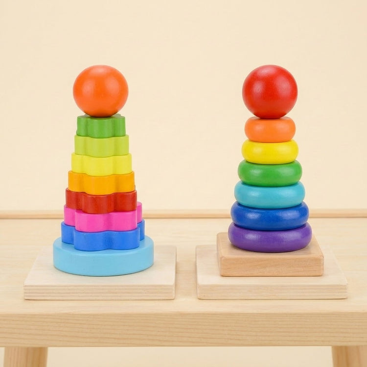 Wooden rainbow flower and ring stacking learning toys stand on raised wooden platforms against a cream background.