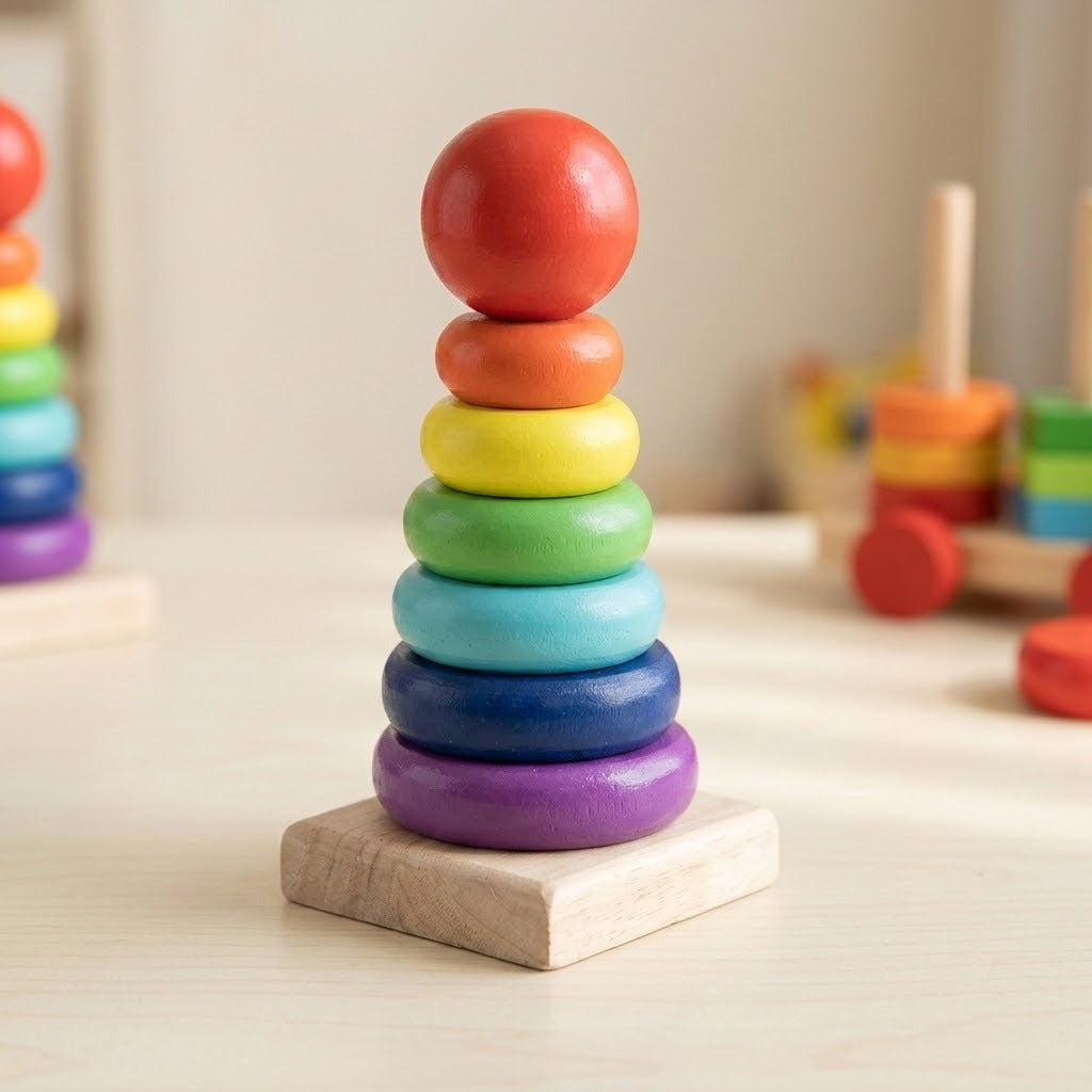 A wooden rainbow ring stacking learning toy with a red ball top stands on a pale table with blurred toys behind.