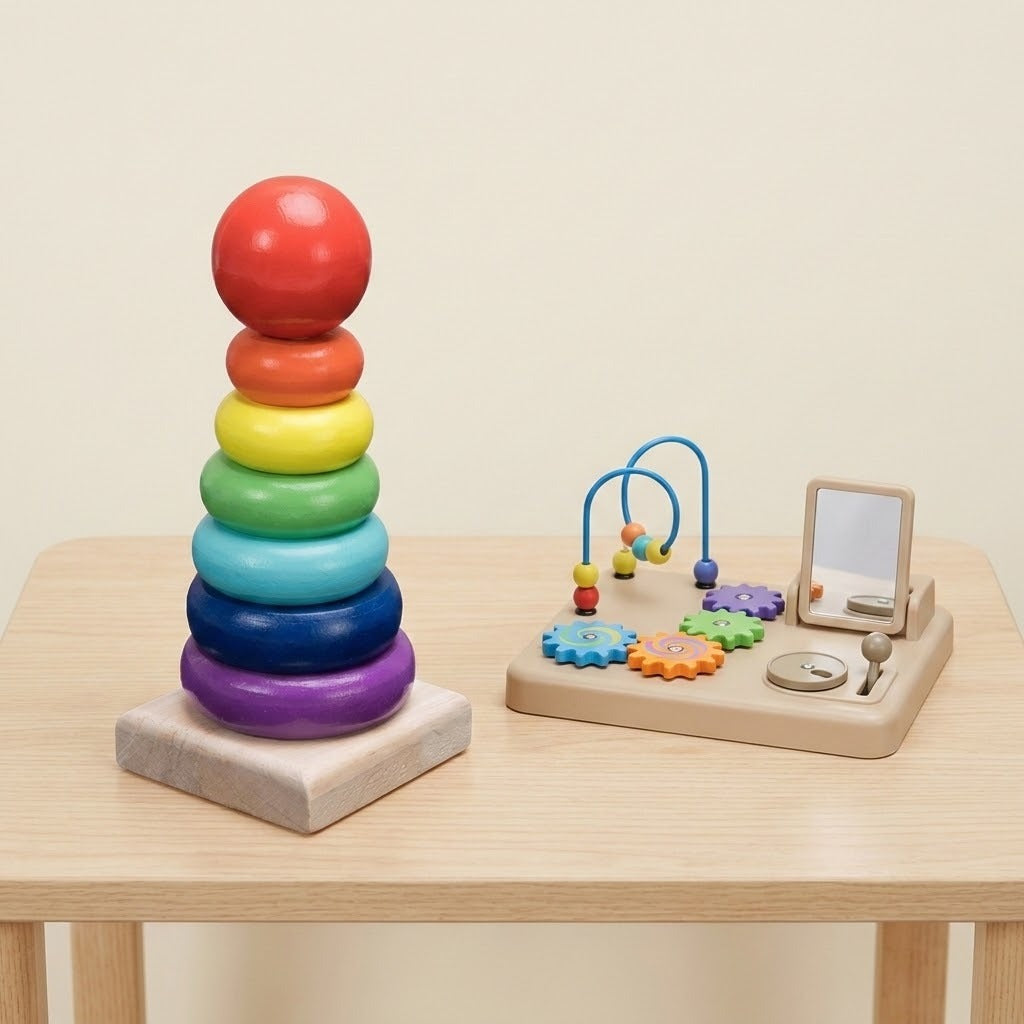 A wooden rainbow ring stacking learning toy stands beside an activity board with beads, gears, and a mirror on a wooden table.