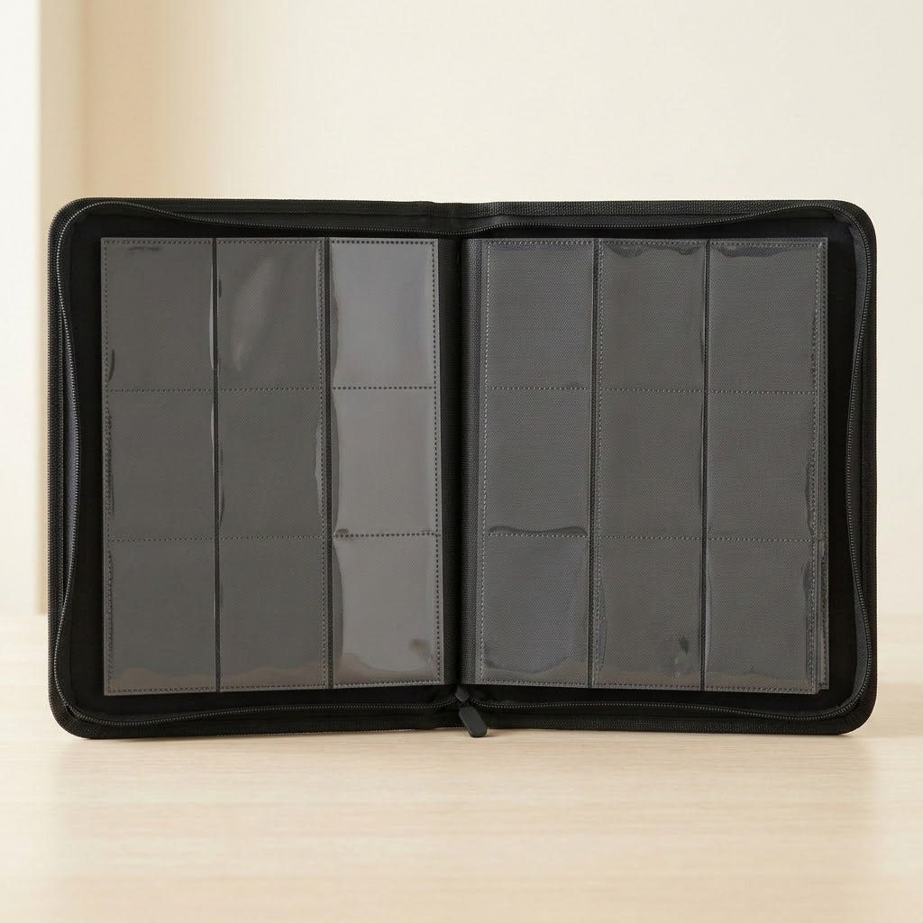An open black trading card binder stands on a cream surface, displaying two empty nine-pocket pages against a pale background.