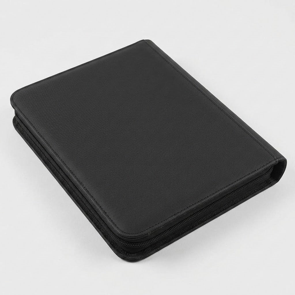 A closed black trading card binder with a textured PU cover and perimeter zipper rests diagonally on a white background.