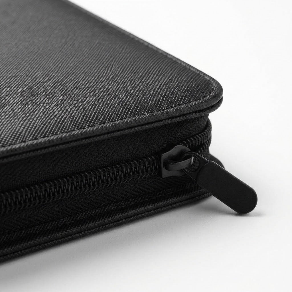 A close-up shows the black trading card binder's textured PU cover, stitched corner, and zipper pull against a white background.