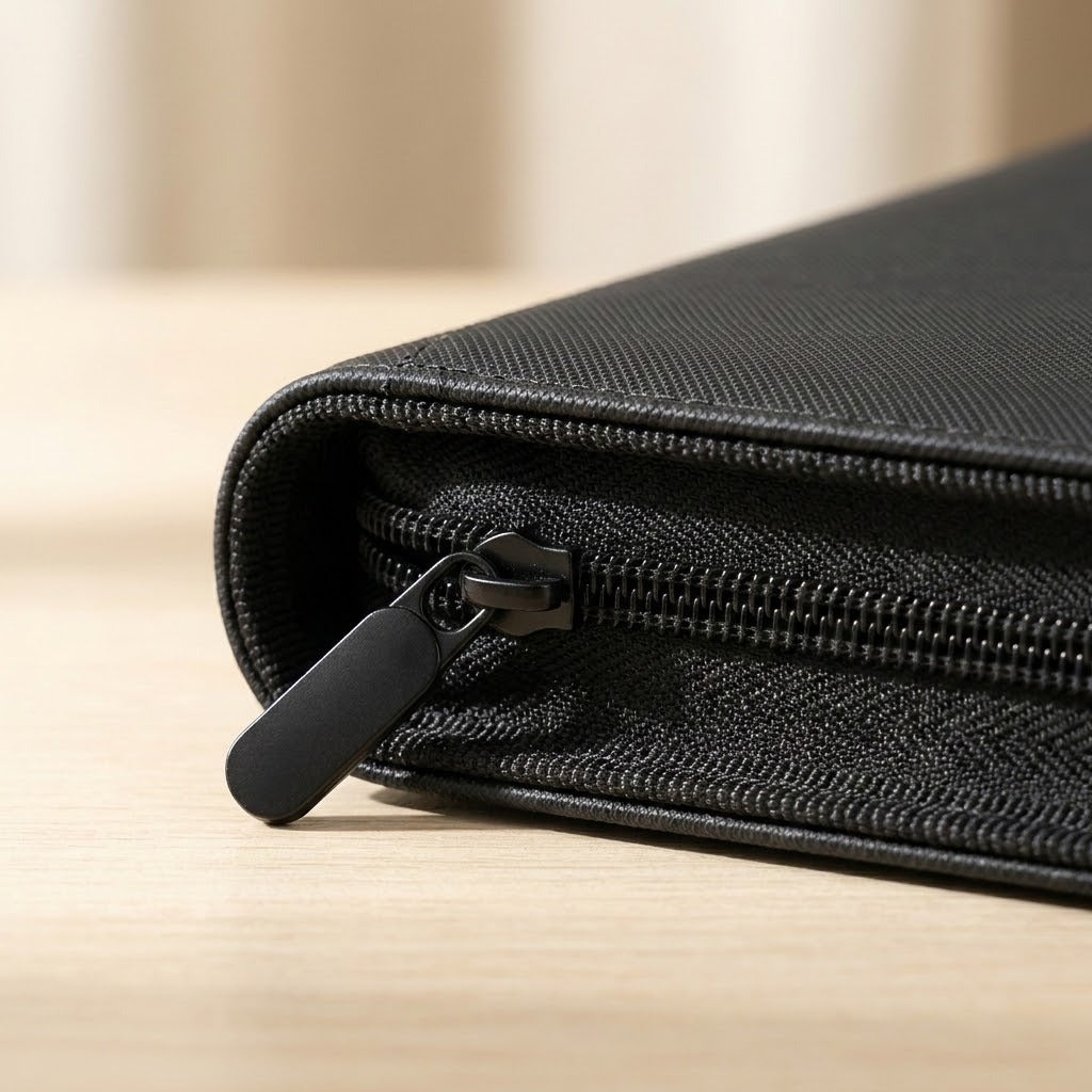 A close-up shows the black trading card binder's textured PU cover and zipper on light wood against a soft beige background.