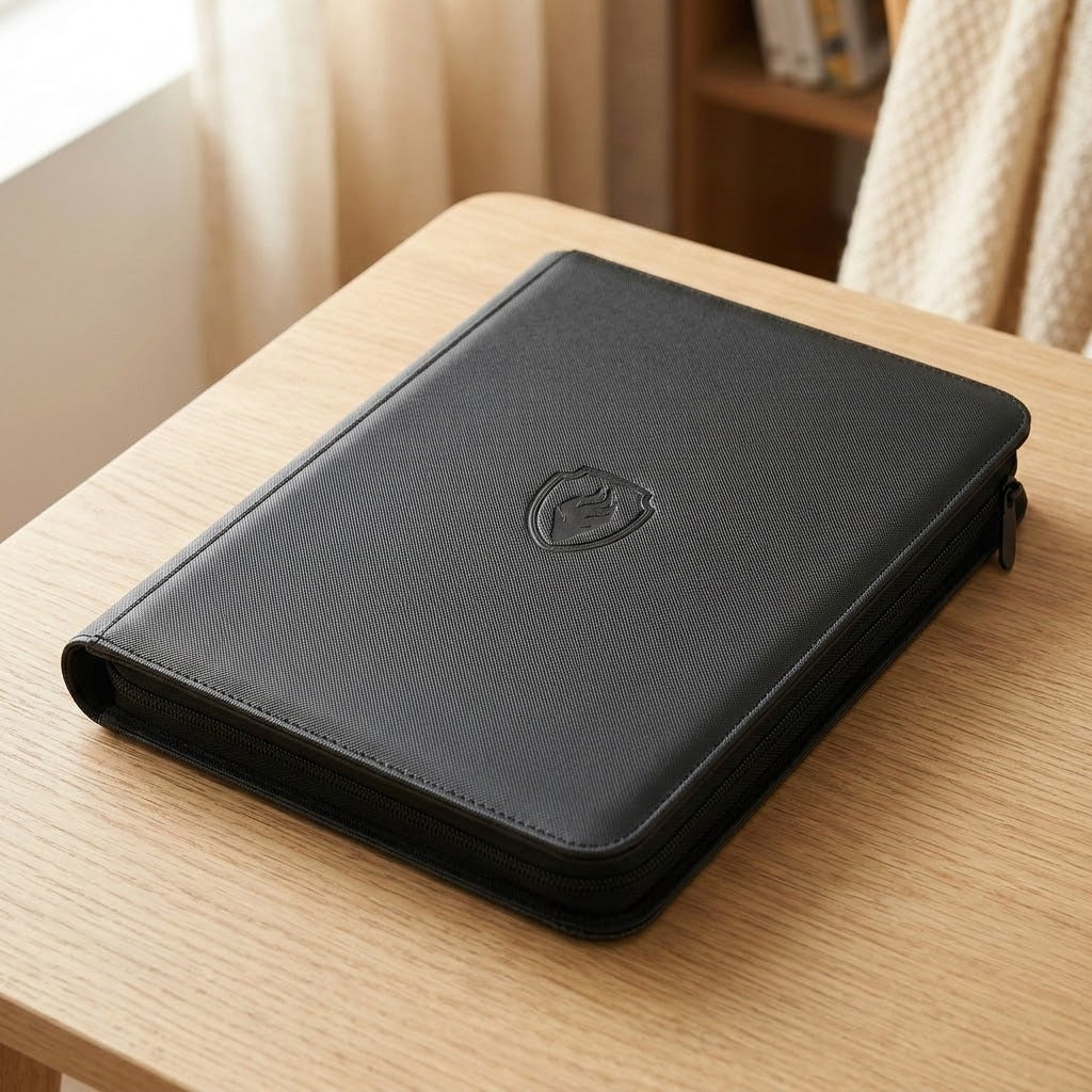 A closed black trading card binder with a textured PU cover and zipper rests on a light wooden table beside a window.