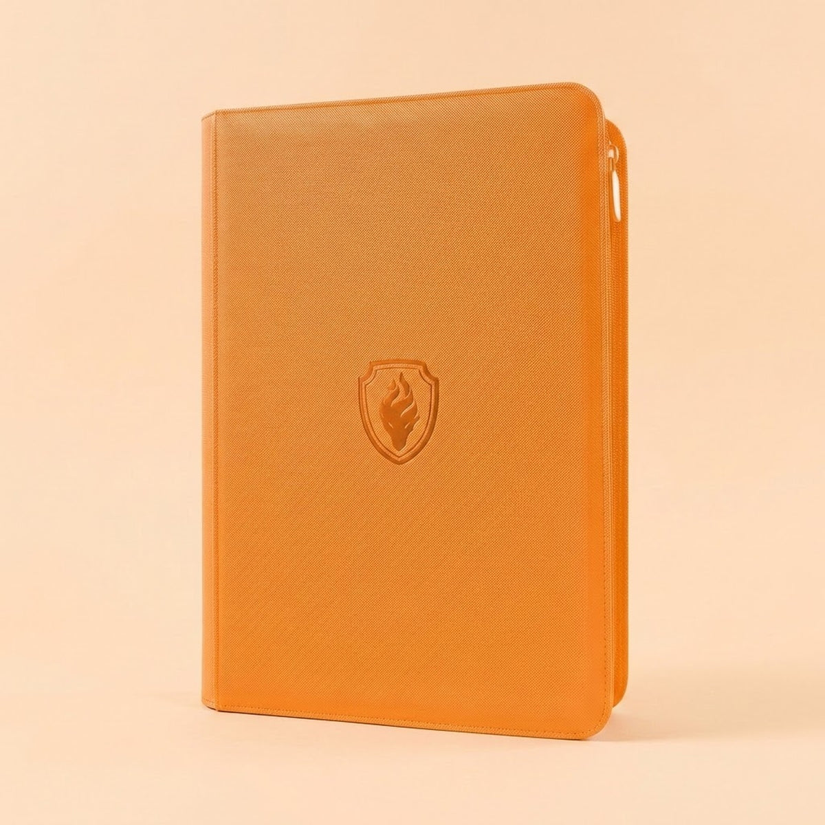 Orange PU leather trading card binder with zipper closure standing upright against a plain light beige background.