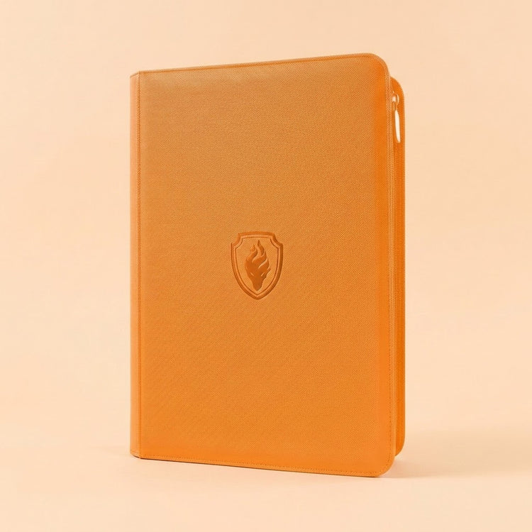 Orange PU leather trading card binder with zipper closure standing upright against a plain light beige background.