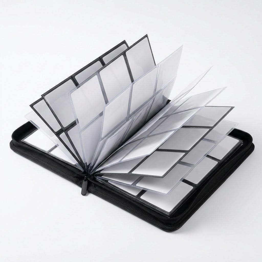 An open black trading card binder rests on a white background with its empty clear pocket pages fanned upright.