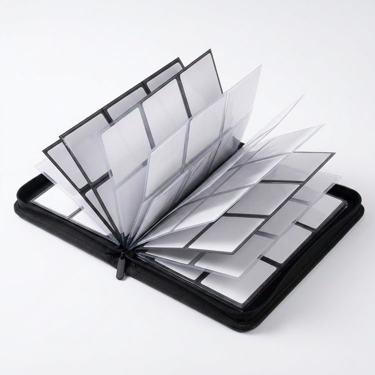 An open black trading card binder rests on a white background with its empty clear pocket pages fanned upright.