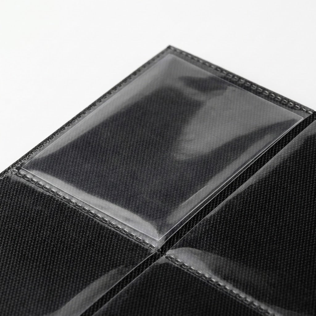 A trading card binder pocket appears close up, showing transparent plastic, black textured backing, and sealed edges against a white background.