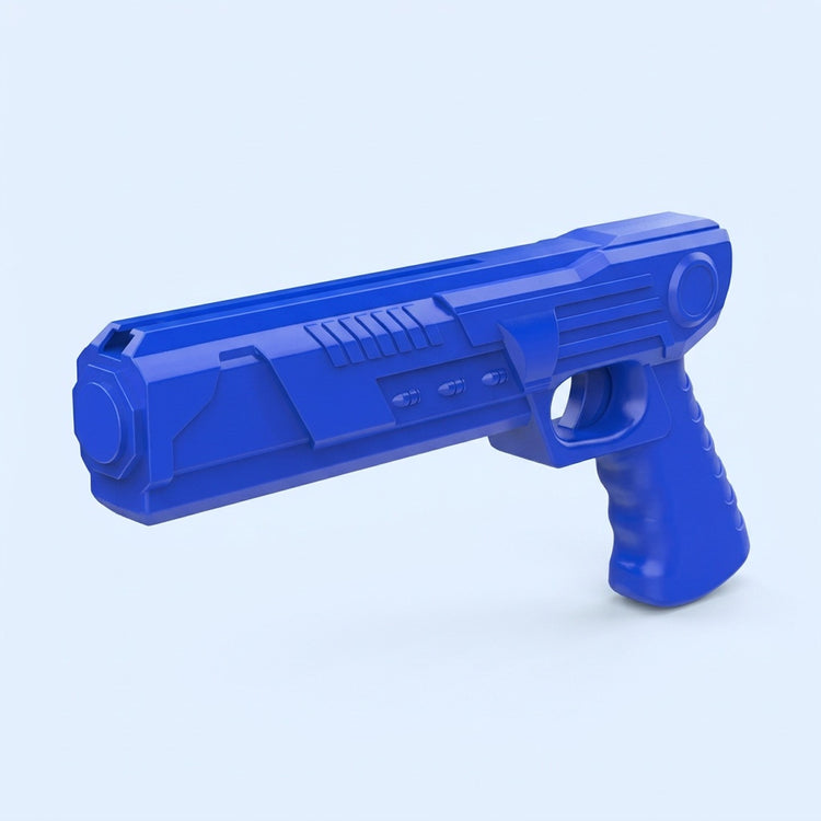 Blue plastic airplane launcher toy with molded details and a ridged handle, shown against a pale blue background.