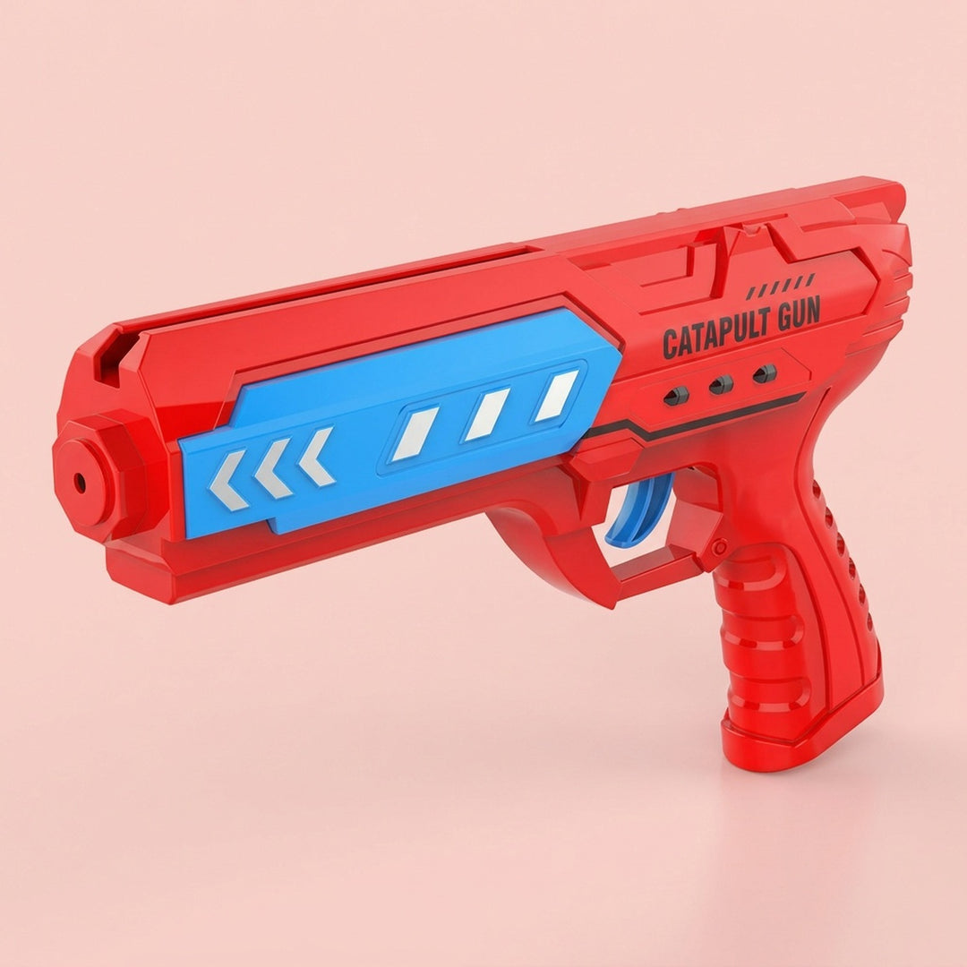Red airplane launcher toy with a blue side panel, white arrow details, and blue trigger stands against a pink background.