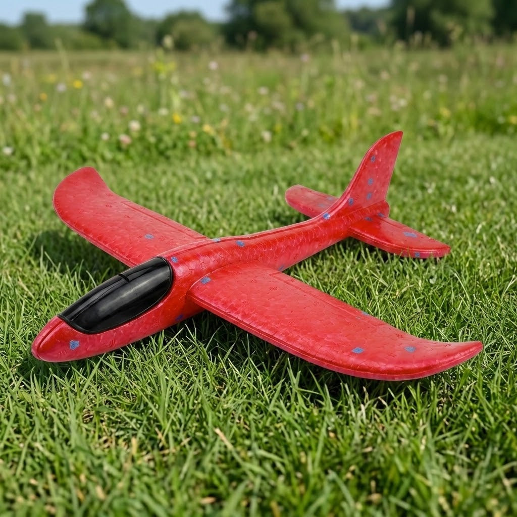 Red foam glider option for an airplane launcher toy, with blue flecks and a black cockpit, resting on green grass.