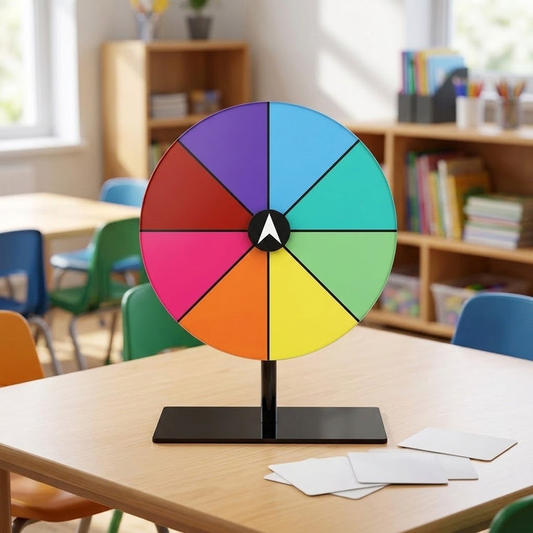 A multicoloured prize wheel on a black stand sits on a classroom table beside blank cards, with bookshelves behind it.