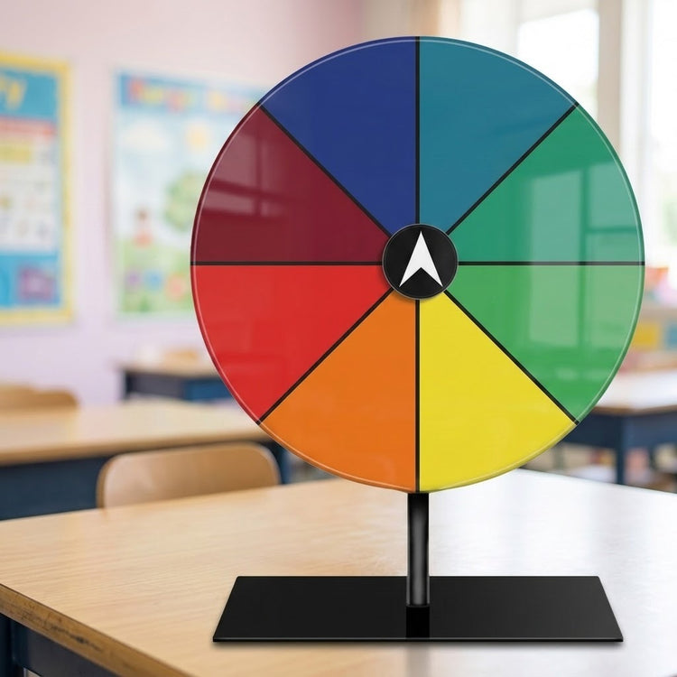 An acrylic prize wheel with eight coloured segments and a white central pointer stands on a desk in a blurred classroom.