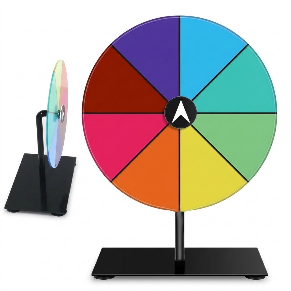 Front and side views show a multicoloured acrylic prize wheel on a black rectangular stand against a white background.