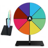 Front and side views show a multicoloured acrylic prize wheel on a black rectangular stand against a white background.