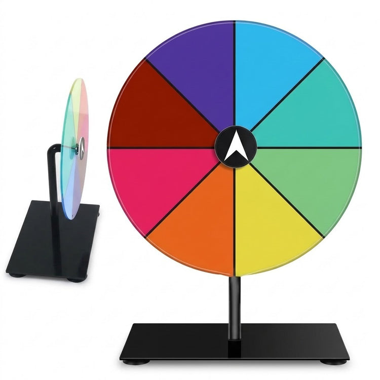 Front and side views show a multicoloured acrylic prize wheel on a black rectangular stand against a white background.