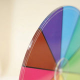 A close-up shows the clear acrylic edge and coloured segments of the prize wheel against a pale background.