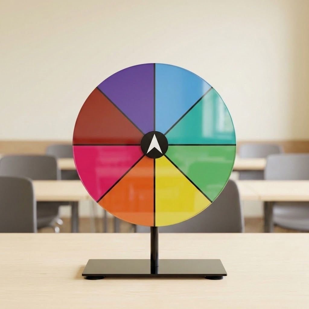 A translucent multicoloured prize wheel on a black stand sits on a light classroom table, with blurred chairs behind it.