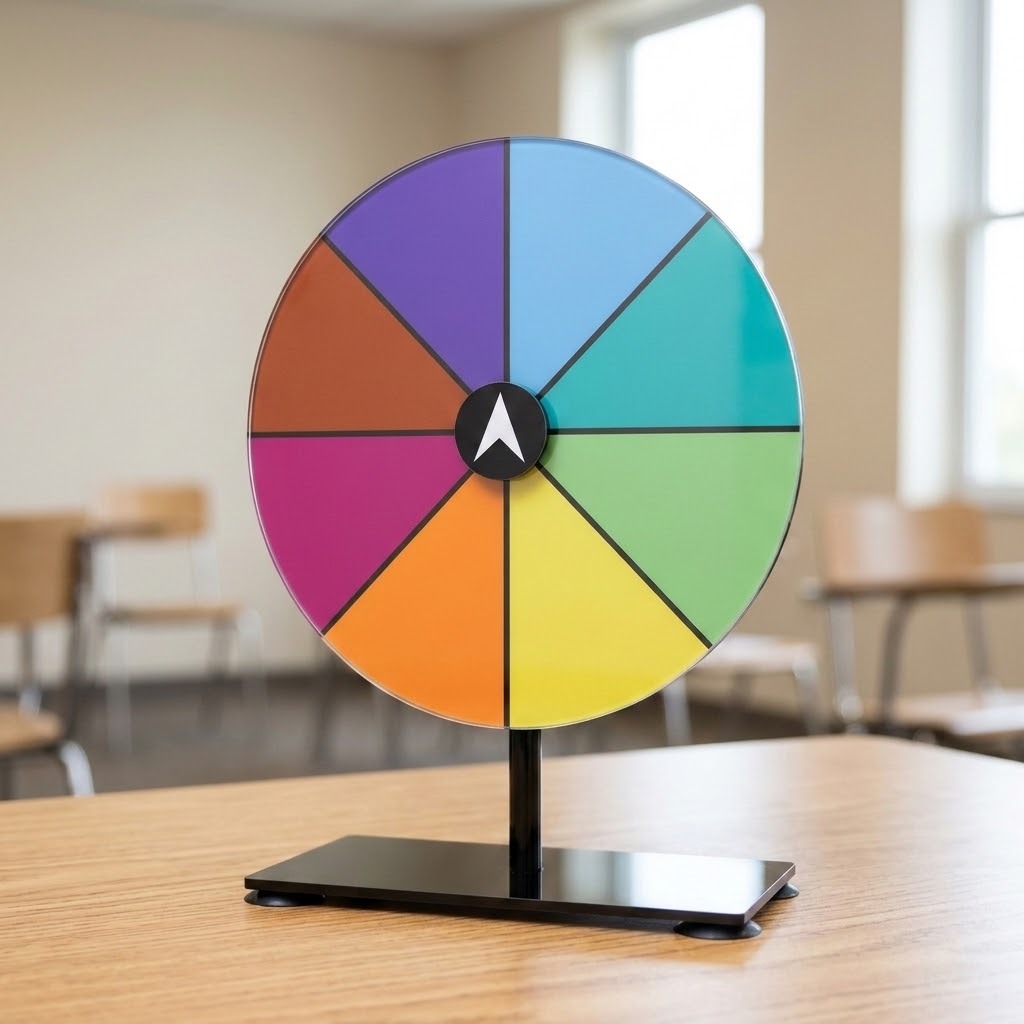 Multicoloured prize wheel with a white pointer and black suction-cup stand on a wooden classroom table.