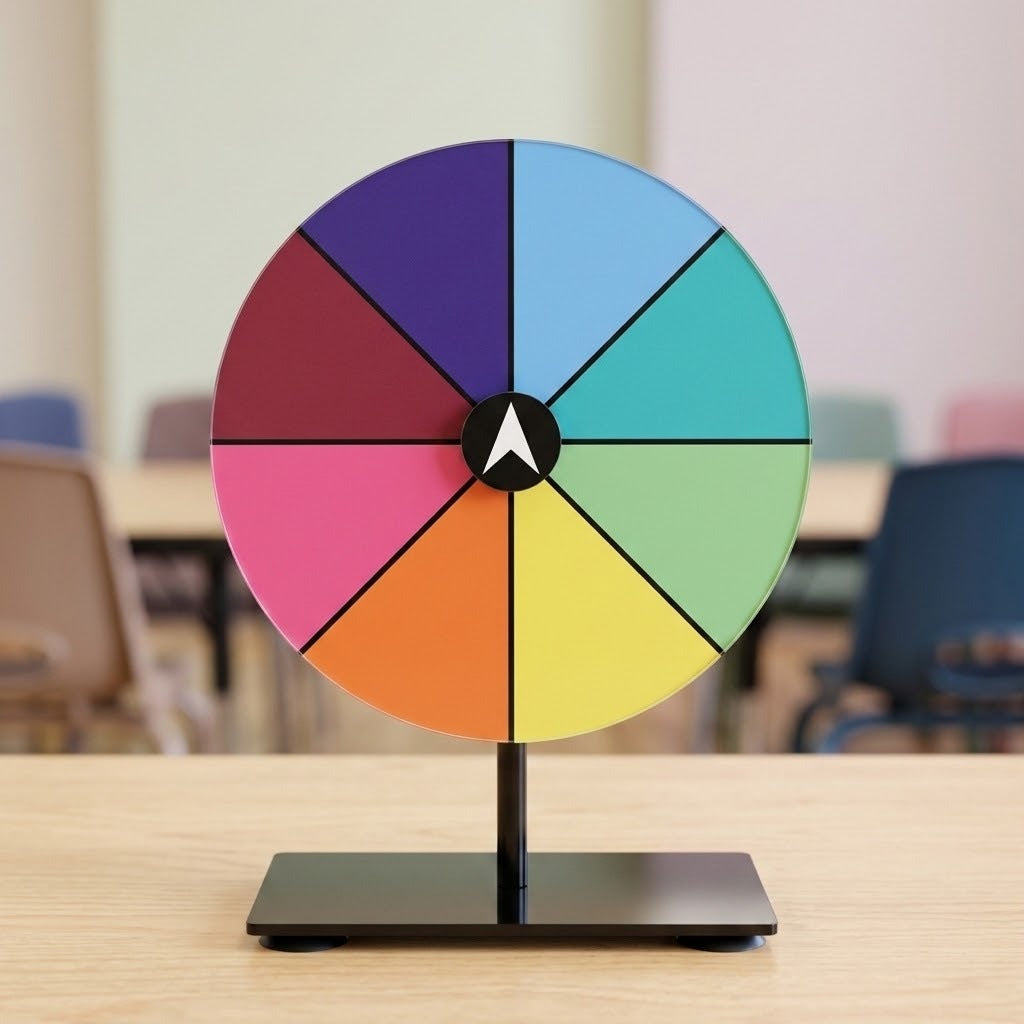 Acrylic tabletop prize wheel with eight multicolored segments on a black stand, on a light wood table in a blurred classroom.