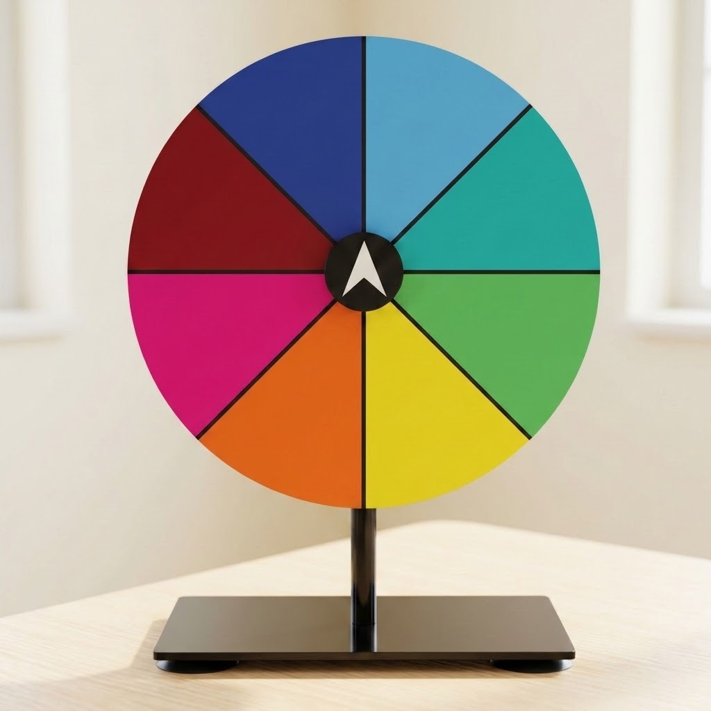 Colorful acrylic prize wheel with eight wedge segments on a black stand, set on a table in a bright room.