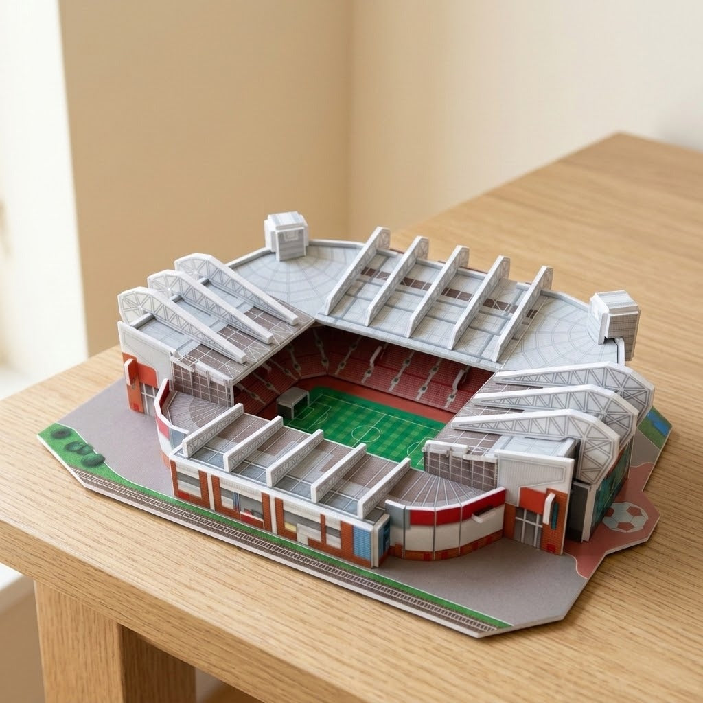 A plastic 3D stadium puzzle with gray roofing, red seating and a green pitch sits on a light wooden table.