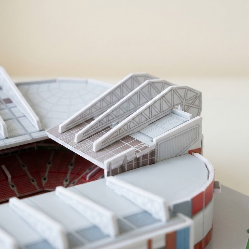 A close-up of a plastic 3D stadium puzzle shows white and gray roof supports above red seating against a cream background.